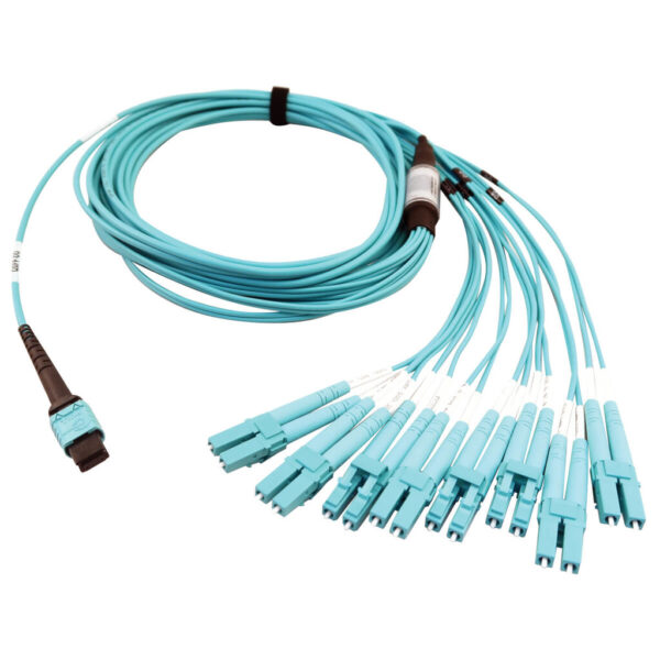 7ca5274bb59e279e4ed82ea89e299f84 Tripp Lite series 400G Multimode 50/125 OM4 Plenum Fiber Optic Breakout Cable, 24F MTP/MPO-PC to (x4) LC Duplex (F/M), Aqua, 5 m
