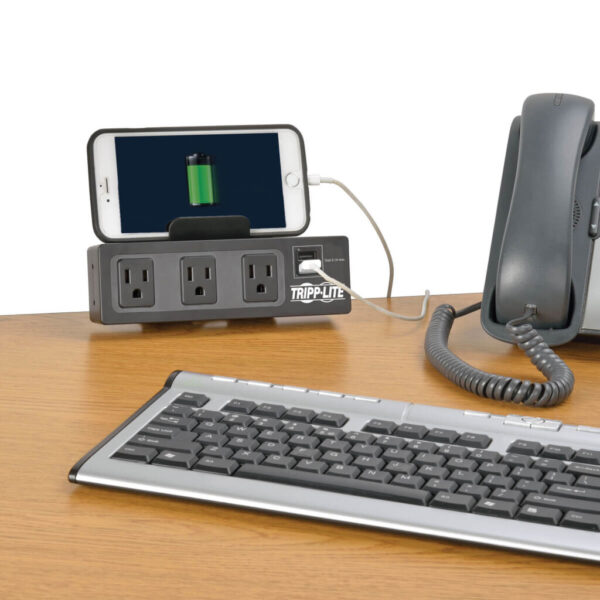 Tripp Lite series Protect It! 3-Outlet Surge Protector with Desk Clamp, 10 ft. Cord, 510 Joules, 2 USB Charging Ports, Black Housing