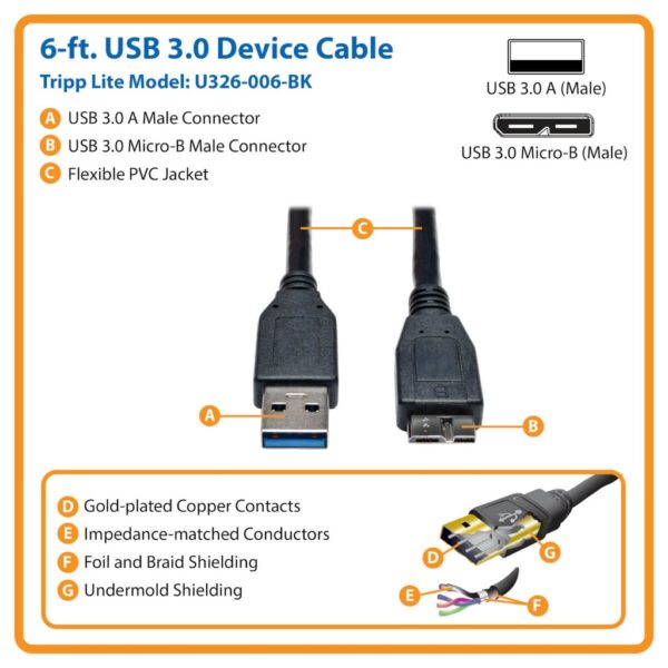 Tripp Lite series USB 3.0 SuperSpeed Device Cable (A to Micro-B M/M) Black, 6 ft. (1.83 m)