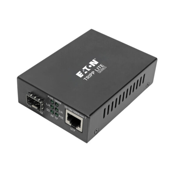 7e44f5aaa82646a2a37b35de3352e3ec Tripp Lite series Gigabit SFP Fiber to Ethernet Media Converter, POE+, International Power Cables, 10/100/1000 Mbps