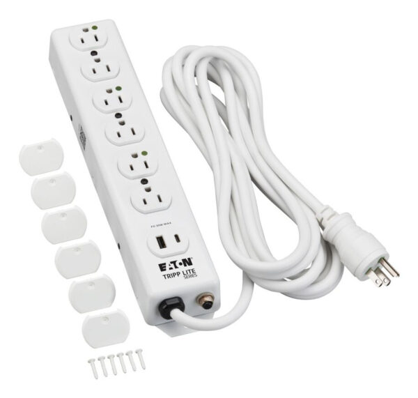 Tripp Lite series Safe-IT UL 1363 Medical-Grade Power Strip, 6 Hospital-Grade Outlets, USB Charging, Safety Covers, Antimicrobial, 15 ft. Cord