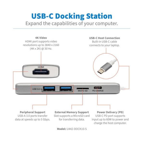Tripp Lite series USB-C Dock - 4K HDMI, USB 3.x (5Gbps), USB-A Hub Ports, Memory Card, 60W PD Charging