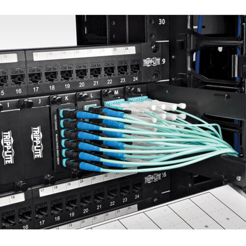 7ffa11a5a44e7efb933bc85262412b40 Tripp Lite series MTP/MPO Patch Cable with Push/Pull Tab Connectors, 100GBASE-SR10, CXP, 24 Fiber, 100Gb OM3 Plenum-rated - Aqua, 10M (33 ft.)