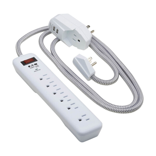 Tripp Lite 7-Outlet Surge Protector, 6 on Strip + 1 on Detachable Charger Plug, 2 USB (2.4A Shared), 900 Joules, 6 ft. Cord, 5-15P, White - TLP616USB