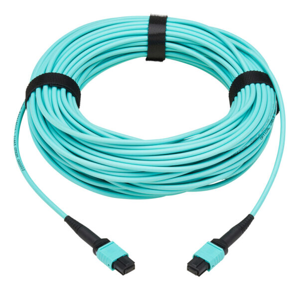 8343cbd6c7418c71f7105277198a4e80 Tripp Lite series 40/100/400G Multimode 50/125 OM3 Fiber Optic Cable (8F MPO/MPO-PC F/F), Type-A Polarity, OFNP, Aqua, 30 m (98.4 ft.)