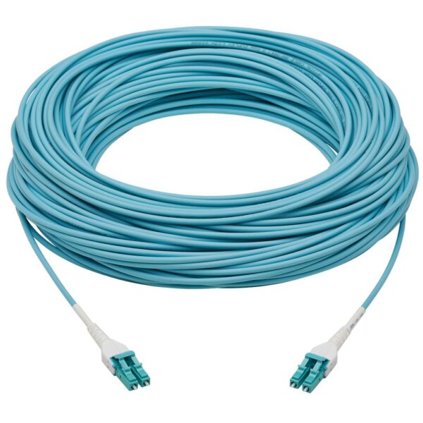 Tripp Lite series 100G Duplex Multimode 50/125 OM4 Armored Fiber Optic Cable (LC/LC Duplex M/M), LSZH, Aqua, 50 m (164 ft.)