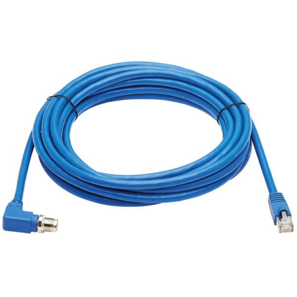 Tripp Lite series M12 X-Code Cat6a 10G F/UTP CMR-LP Shielded Ethernet Cable (Right-Angle M12 M/RJ45 M), IP68, PoE, Blue, 3 m (9.8 ft.), TAA