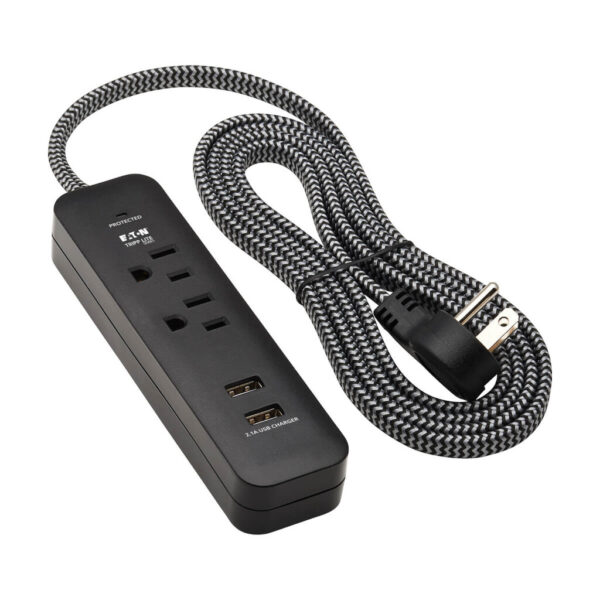 Tripp Lite series 2-Outlet Surge Protector with 2 USB Ports (2.1A Shared) - 6 ft. Cord, 5-15P Plug, 450 Joules, Black