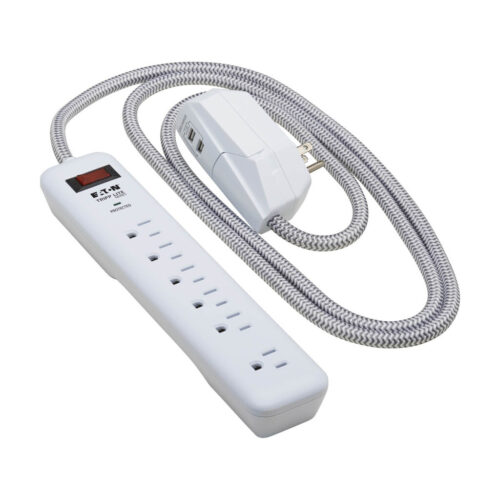 Tripp Lite 7-Outlet Surge Protector, 6 on Strip + 1 on Detachable Charger Plug, 2 USB (2.4A Shared), 900 Joules, 6 ft. Cord, 5-15P, White - TLP616USB