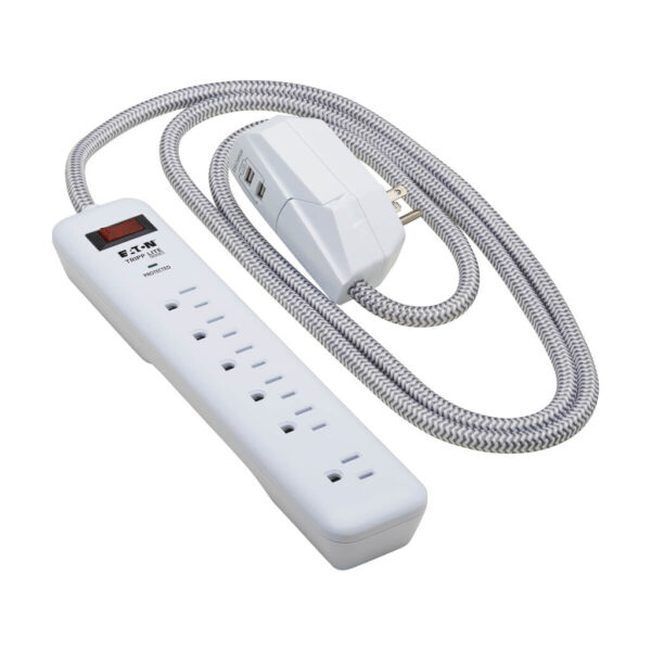 Tripp Lite 7-Outlet Surge Protector, 6 on Strip + 1 on Detachable Charger Plug, 2 USB (2.4A Shared), 900 Joules, 6 ft. Cord, 5-15P, White - TLP616USB