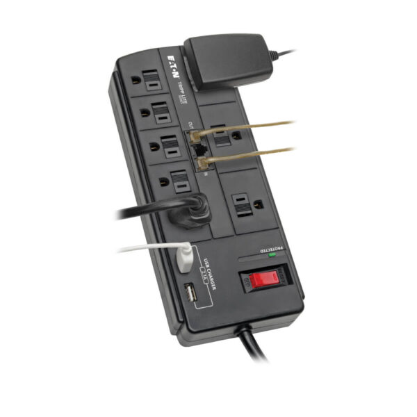 88510979c713bdb3a1f50216a50efc30 Tripp Lite series 8-Outlet Surge Protector with 2 USB Ports (2.1A Shared) - 8 ft. (2.43 m) Cord, 1200 Joules, Tel/Modem, Black