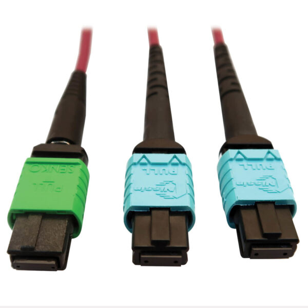 Tripp Lite series 400G Multimode 50/125 OM4 Plenum Fiber Optic Cable, 16F MTP/MPO-APC to (x2) 12F MTP/MPO-UPC (F/F), Magenta, 5 m