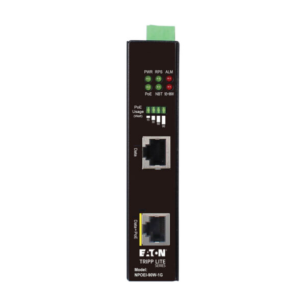 88d0323bce7f84bb8d1183fcbeda9a41 Tripp Lite Industrial Gigabit PoE++ Injector, 90W, 802.3bt Midspan, -40 to +75 C, IP30, Dual 24-57V DC, DIN Rail, 1 Port, TAA - NPOEI-90W-1G