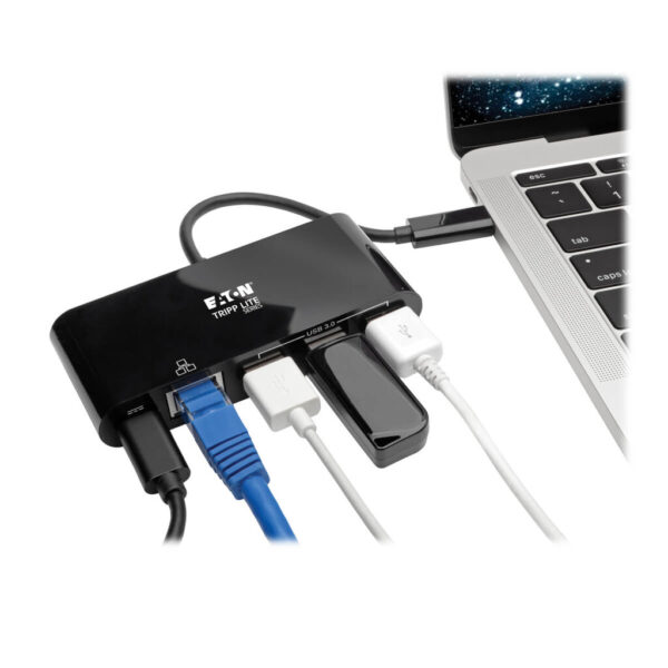Tripp Lite series 3-Port USB-C Hub - USB 3.x (5Gpbs) Hub Ports, Gigabit Ethernet, 60W PD Charging, Black