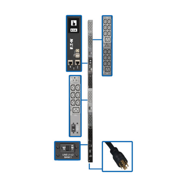 Eaton 8.6kW 208/120V 3PH Monitored PDU - LX Interface, Gigabit, 45 Outlets, L21-30P Input, LCD, 1.8 m Cord, 0U 1.8 m Height, TAA