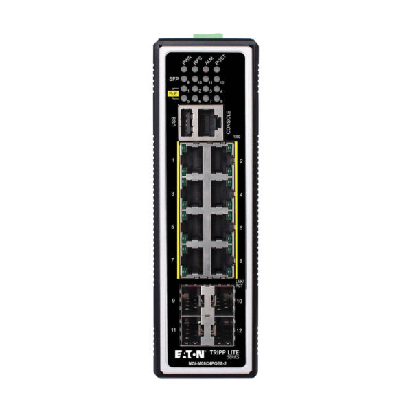 Tripp Lite series 8-Port Managed Industrial Gigabit Ethernet Switch - Layer 2, 1 Gbps, PoE+ 30W, 4 GbE SFP Ports, -40° to 75°C, DIN Mount, TAA
