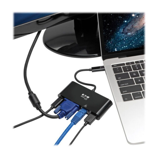 8a7542f042dcfb1d04c6c5633923462f Tripp Lite series USB-C Multiport Adapter, VGA, USB 3.x (5Gbps) Hub Port, Gigabit Ethernet and 60W PD Charging, Black