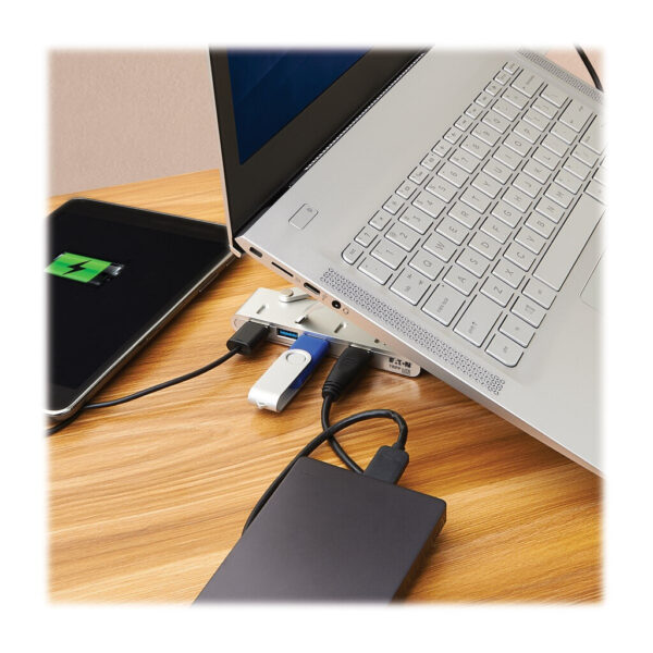 8abf8e449978ab95b4f1c3ced4b0aa7b Tripp Lite series 4-Port USB-C Hub with Laptop Stand - USB 3.x (5Gbps), 4x USB-A Ports, Thunderbolt 3 Compatible, 100W PD Charging, Silver