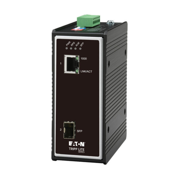 Tripp Lite series Industrial Gigabit Fiber to Ethernet Media Converter, 10/100/1000 Mbps, RJ45/SFP, -40° to 75°C, DC Power, TAA