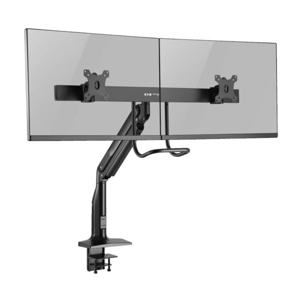 8ba6e3f57aef55c3570bf7ec932c8188 Tripp Lite series Safe-IT Precision-Placement Dual-Display Desk Clamp or Grommet with Antimicrobial Tape for 17” to 35” Displays, USB Ports