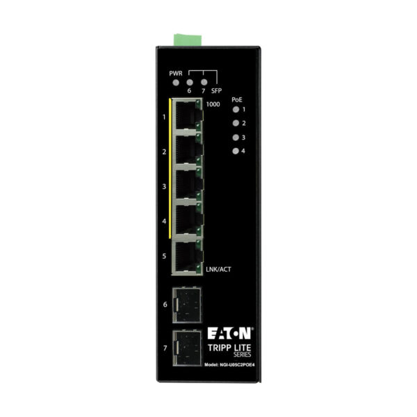 8c9cca94a42dc887f80c49468c205aa7 Tripp Lite series 5-Port Unmanaged Industrial Gigabit Ethernet Switch - 10/100/1000 Mbps, PoE+ 30W, -10° to 60°C, 2 GbE SFP Slots, DIN Mount, TAA