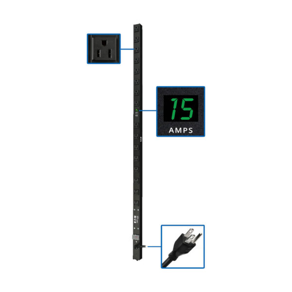 Tripp Lite series 1.4kW Single-Phase Local Metered PDU, 120V Outlets (16 5-15R), 5-15P, 15 ft. (4.57 m) Cord, 0U Vertical, 48 in.