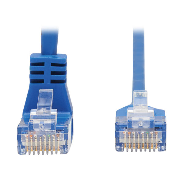 90a711a87bf498040f89ef62b917f34d-7 Tripp Lite series Down-Angle Cat6 Gigabit Molded Slim UTP Ethernet Cable (RJ45 Right-Angle Down M to RJ45 M), Blue, 1 ft. (0.31 m)