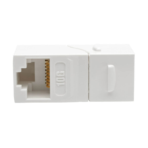 Tripp Lite series Cat6a Straight-Through Modular In-Line Snap-In Coupler with 90-Degree Down-Angled Port, White (RJ45 F/F), TAA