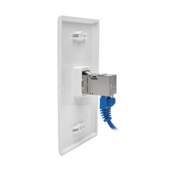 Tripp Lite series Cat6 Straight-Through Modular Shielded In-Line Snap-In Coupler with 90-Degree Down-Angled Port (RJ45 F/F), TAA