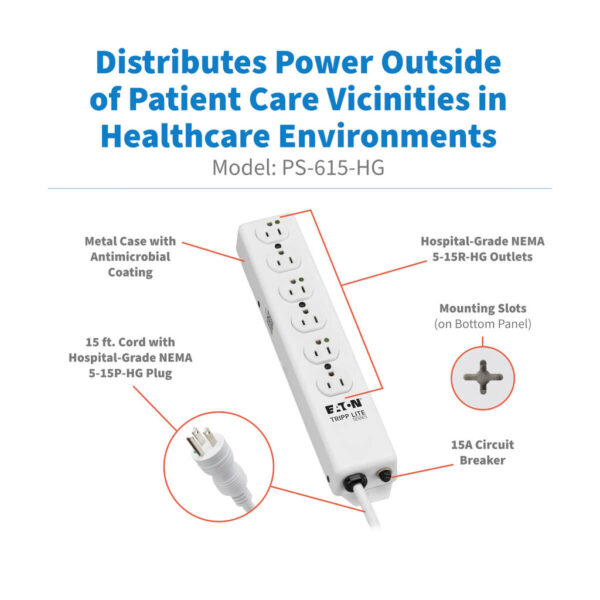 Tripp Lite series Safe-IT UL 1363 Medical-Grade Power Strip, 6x Hospital-Grade Outlets, Antimicrobial, 15 ft. (4.57 m) Cord