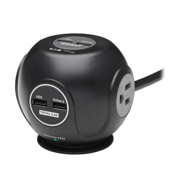 92e532f9079cdb59060370402830f42b Tripp Lite series 3-Outlet Spherical Surge Protector, 4 USB Ports (4.8A Shared) - 6 ft. (1.83 m) Cord, 5-15P Plug, 540 Joules, Black