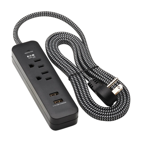 Tripp Lite series 2-Outlet Surge Protector with 2 USB Ports (2.1A Shared) - 6 ft. Cord, 5-15P Plug, 450 Joules, Black