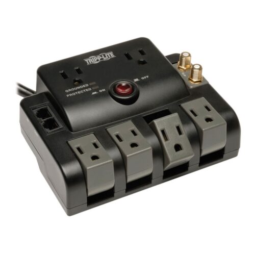 Tripp Lite series Protect It! 6-Outlet Surge Protector - 4 Rotating Outlets, 5-15P Input, 1440 Joules, Tel/Modem/Coax Protection, Black