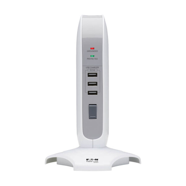 Tripp Lite series 5-Outlet Surge Protector Tower, 3x USB Ports (3.1A Shared), 6 ft. Cord, 5-15P Plug, 1200 Joules, White