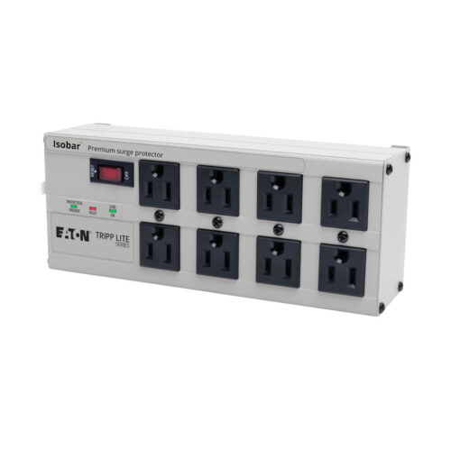 Tripp Lite series Isobar 8-Outlet Surge Protector, 12 ft. Cord with Right-Angle Plug, 3840 Joules, Diagnostic LEDs, Tel/Fax/Modem, Metal