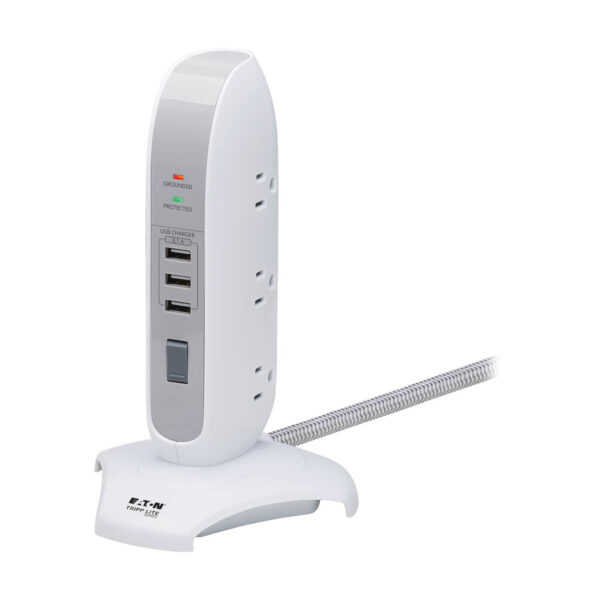 Tripp Lite series 5-Outlet Surge Protector Tower, 3x USB Ports (3.1A Shared), 6 ft. Cord, 5-15P Plug, 1200 Joules, White
