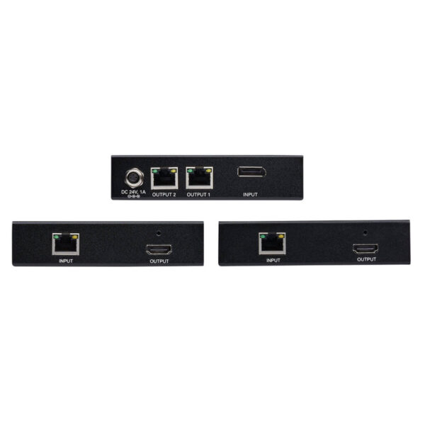 Tripp Lite series 2-Port DisplayPort to HDMI over Cat6 Splitter/Extender Kit, Transmitter/Dual Receivers, 4K 60 Hz, PoC, 125 ft., TAA