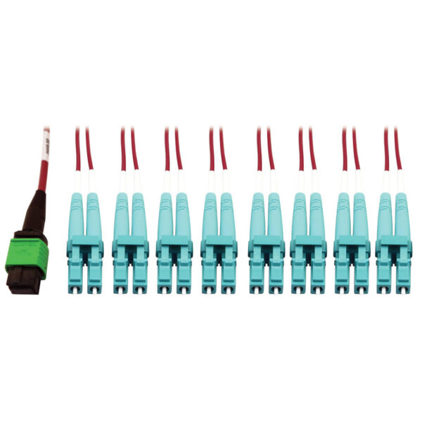 9ad1202a6cdf7f649610817290f56970 Tripp Lite series 400G Multimode 50/125 OM4 Plenum Fiber Optic Breakout Cable, 16F MTP/MPO-APC to (x4) LC Duplex (F/M), Magenta, 5 m