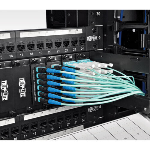 9ae25383742e7051a42265bdb3866a52 Tripp Lite series MTP/MPO Patch Cable with Push/Pull Tab Connectors, 100GBASE-SR10, CXP, 24 Fiber, 100Gb OM3 Plenum-rated - Aqua, 3M (10 ft.)