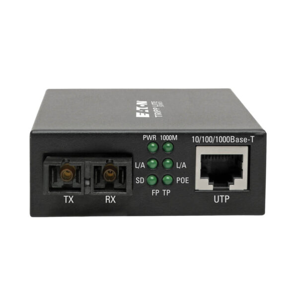 Tripp Lite series Gigabit Multimode Fiber to Ethernet Media Converter, POE+, International Power Cables, 10/100/1000 SC, 1310 nm, 2 km (1.2 mi.)