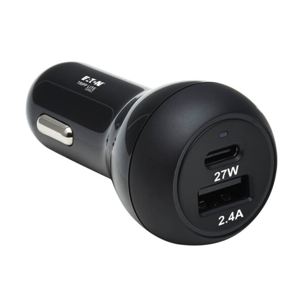 9c3455cdc280e042704a8c8706b47361 Tripp Lite series Dual-Port USB Car Charger with 39W Charging - USB-C (27W) PD 3.0, USB-A (12W), Black
