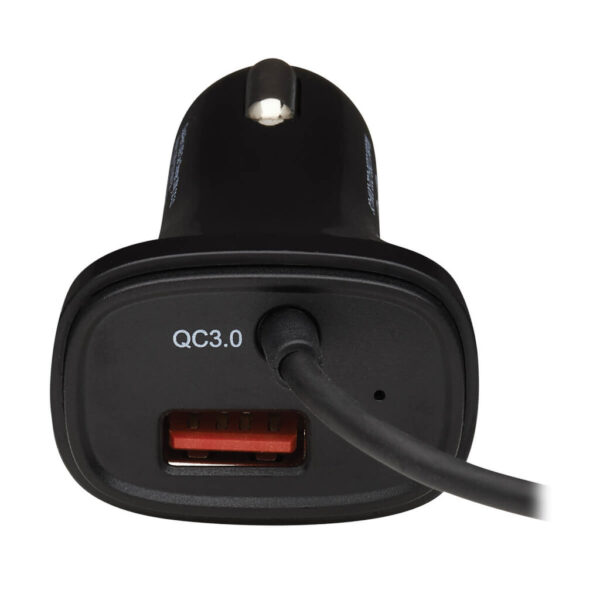 9c7f78bbfec1ccbc6280f446b2337253 Tripp Lite series Dual-Port USB Car Charger with 30W Charging - USB-C (18W) QC 3.0, USB-A (12W), Coiled 6 ft. (1.83 m) USB-C Cable, Black