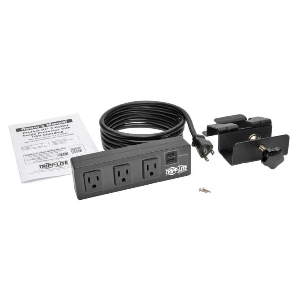Tripp Lite series Protect It! 3-Outlet Surge Protector with Desk Clamp, 10 ft. Cord, 510 Joules, 2 USB Charging Ports, Black Housing