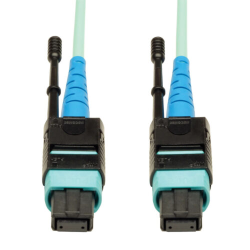 Tripp Lite series 100G MTP/MPO Multimode OM3 Plenum-Rated Fiber Optic Cable (CXP), 24 Fiber, 100GBASE-SR10, Push/Pull Tabs, Aqua, 2 m