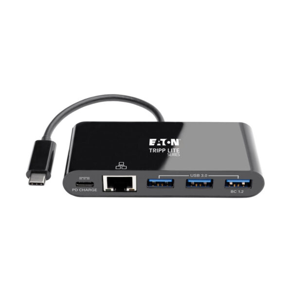Tripp Lite series 3-Port USB-C Hub - USB 3.x (5Gpbs) Hub Ports, Gigabit Ethernet, 60W PD Charging, Black