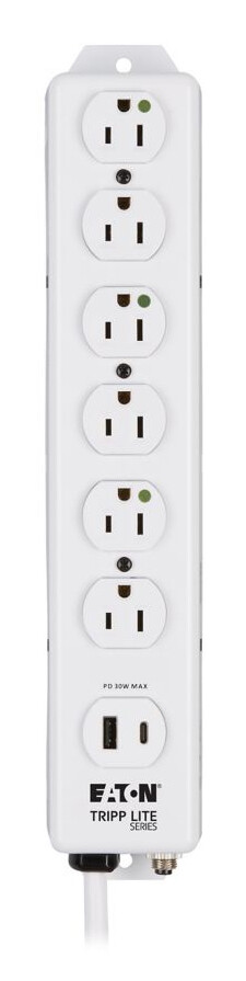 Tripp Lite series Safe-IT UL 1363 Medical-Grade Power Strip, 6 Hospital-Grade Outlets, USB Charging, Safety Covers, Antimicrobial, 15 ft. Cord