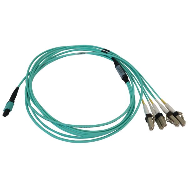 9ff184a71e69b207e3a6302989d36417 Tripp Lite series 40/100/400G Multimode 50/125 OM3 Fiber Optic Cable (12F MTP/MPO-PC to 4x Duplex LC/PC F/M), LSZH, Aqua, 2 m (6.6 ft.)