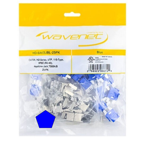 CAT6A, HDJ-Series, UTP, 110-Type, 8P8C (RJ-45), Keystone Jack, T568A/B, Blue, 25-Pack