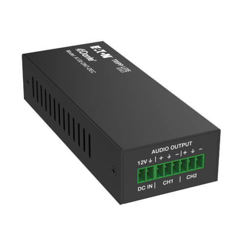 Product Image: A130-DNT-DEC Tripp Lite series Dante 2-Channel Analog Audio Decoder with PoE, 100 meters (328 ft), PCM 2.0 44.1kHz/48kHz/96kHz up to 24 Bit, TAA