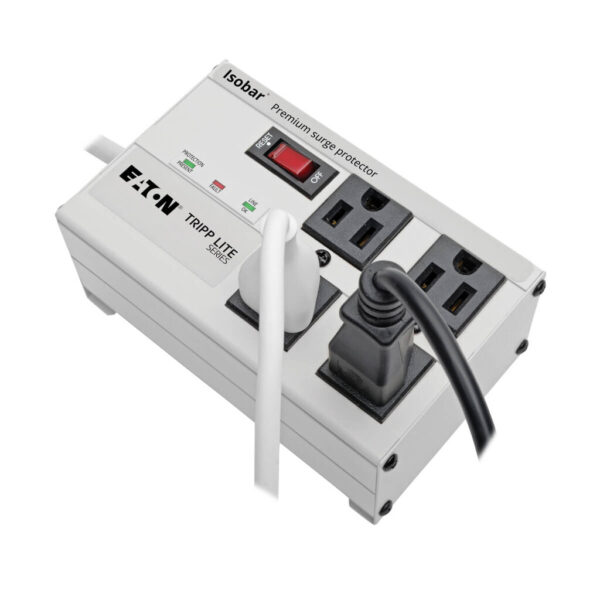 a13eef75838bd674b9b439f59a1d3545 Tripp Lite series Isobar 4-Outlet Surge Protector, 6 ft. Cord with Right-Angle Plug, 3330 Joules, Diagnostic LEDs, Metal Housing
